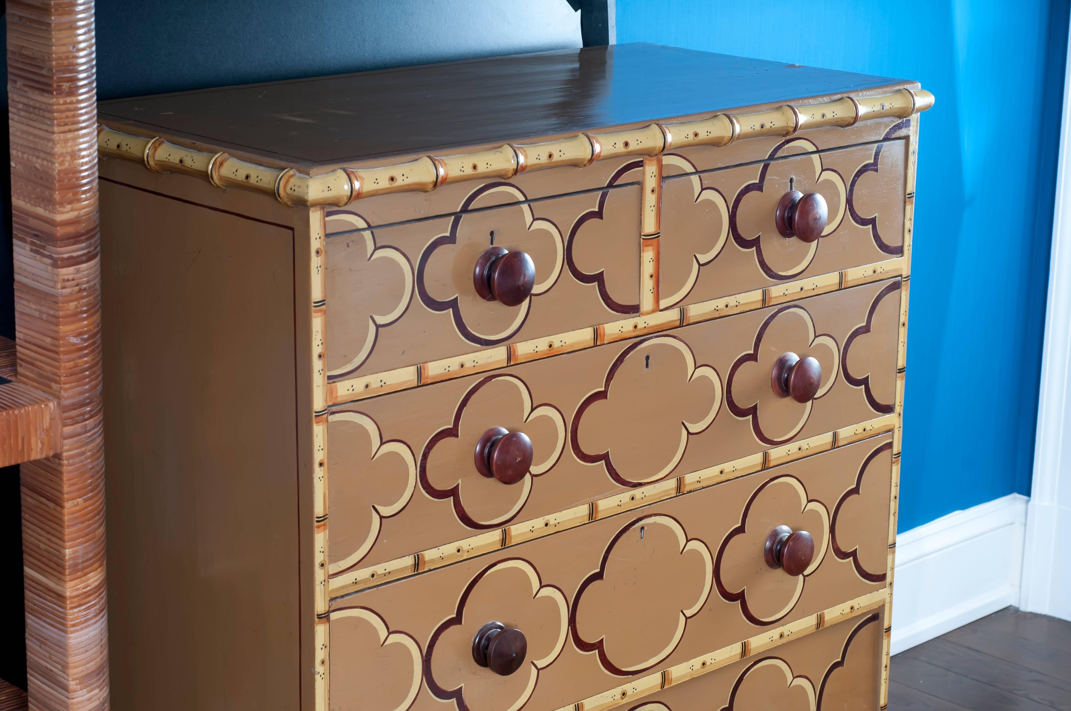 English Hand-Painted Chest of Drawers with Faux Bamboo Trim In Excellent Condition In Locust Valley, NY