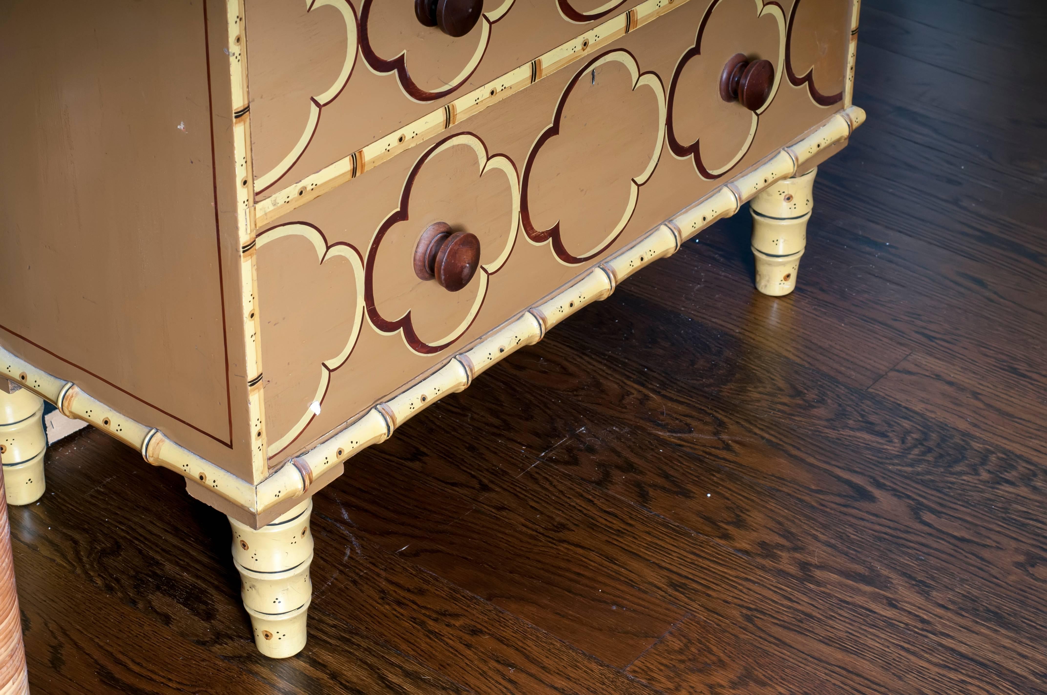 Wood English Hand-Painted Chest of Drawers with Faux Bamboo Trim