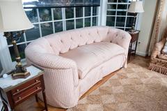 Palest Pink Curved Tufted Love Seat Upholstered in Brunschwig & Fils Silk Check