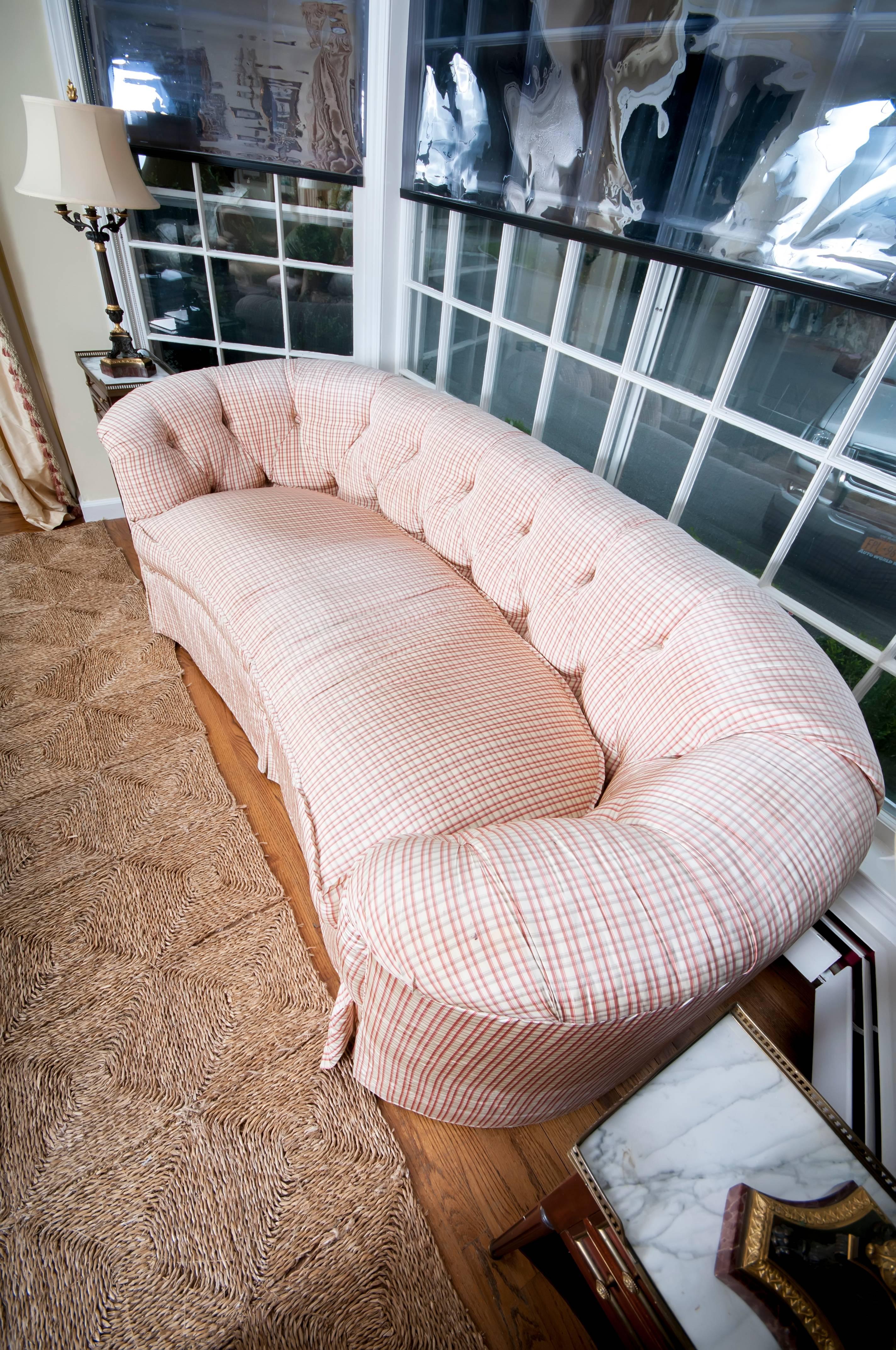 Hollywood Regency Palest Pink Curved Tufted Love Seat Upholstered in Brunschwig & Fils Silk Check