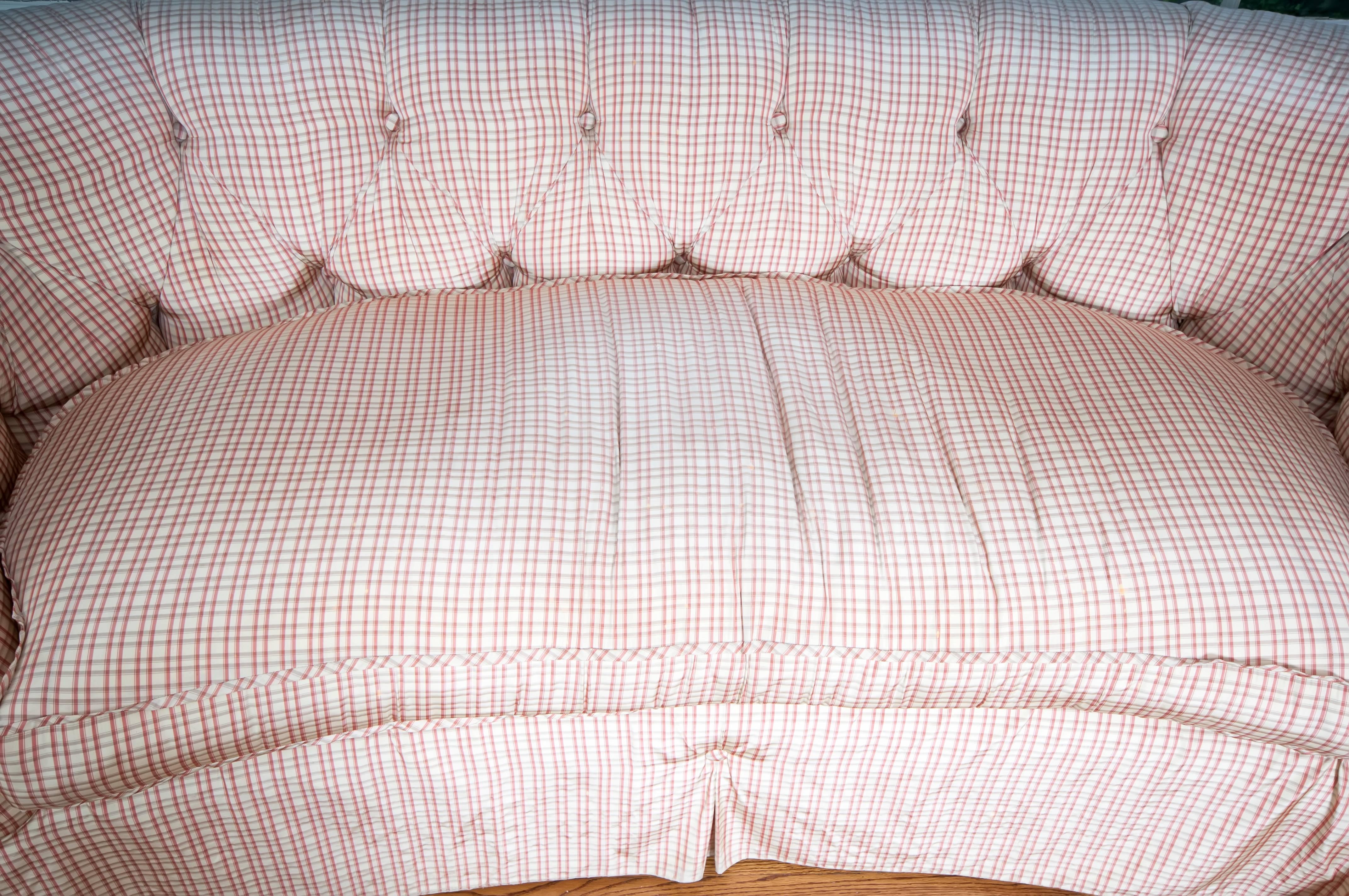 American Palest Pink Curved Tufted Love Seat Upholstered in Brunschwig & Fils Silk Check