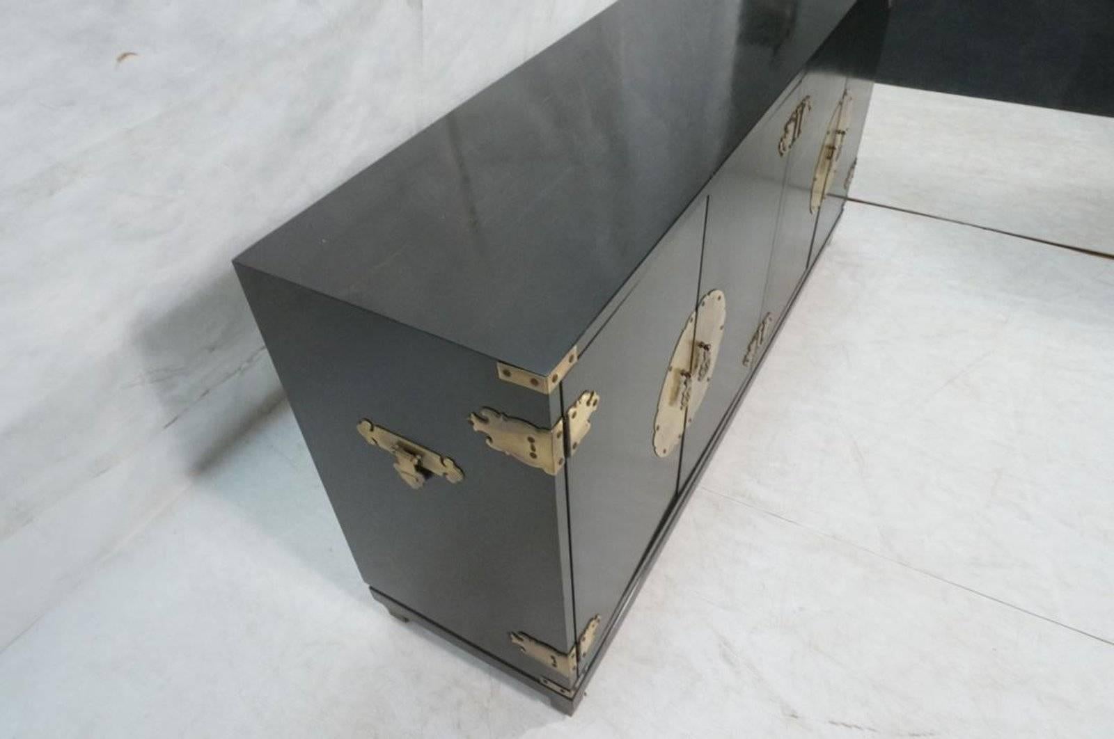 20th Century Ebonized Chinoiserie Four-Door Credenza with Brass Hardware