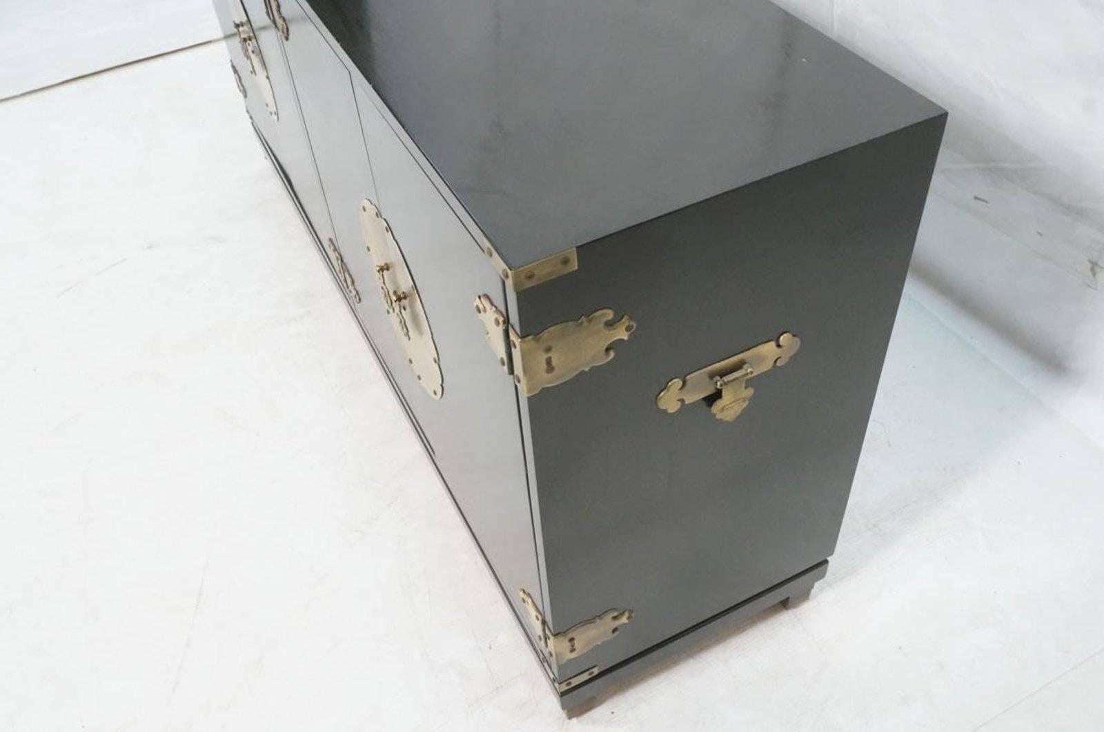 Ebonized Chinoiserie Four-Door Credenza with Brass Hardware In Good Condition In Locust Valley, NY