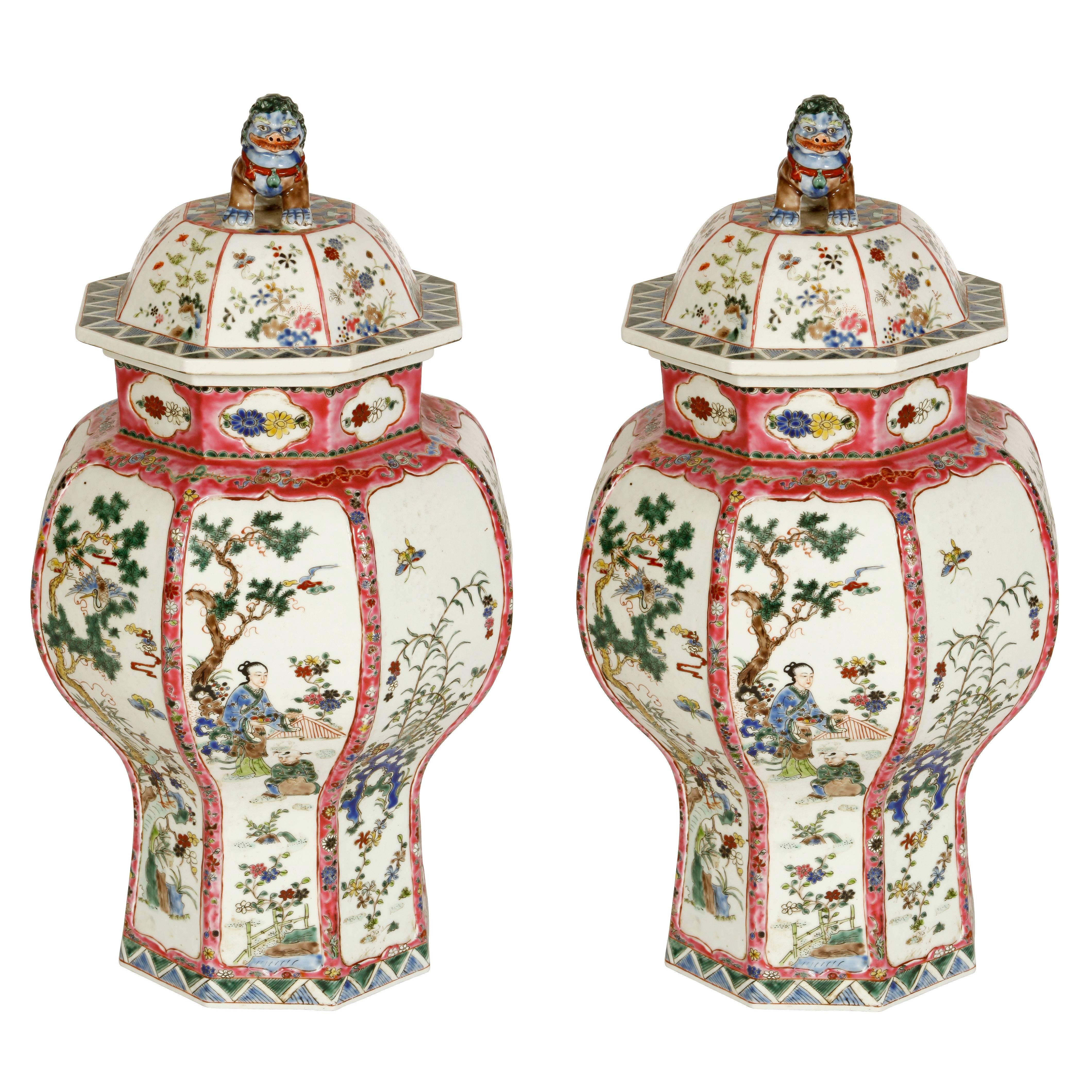 Pair of Antique Chinese Famille Rose Octagonal Covered Jars