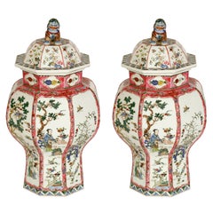 Pair of Antique Chinese Famille Rose Octagonal Covered Jars