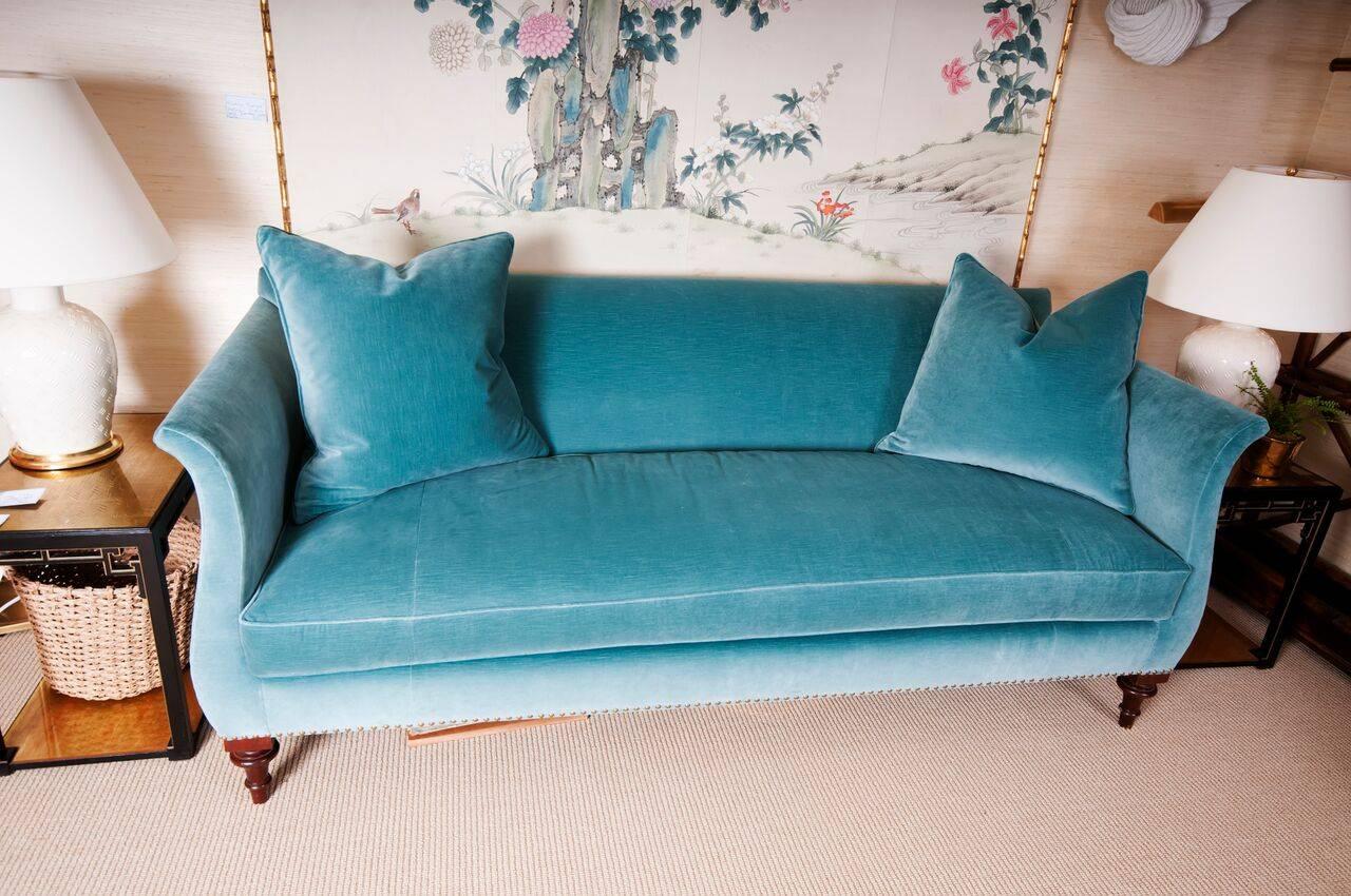 Hickory Chair Blue Velvet Sofa with Nailhead Trim In Excellent Condition In Locust Valley, NY
