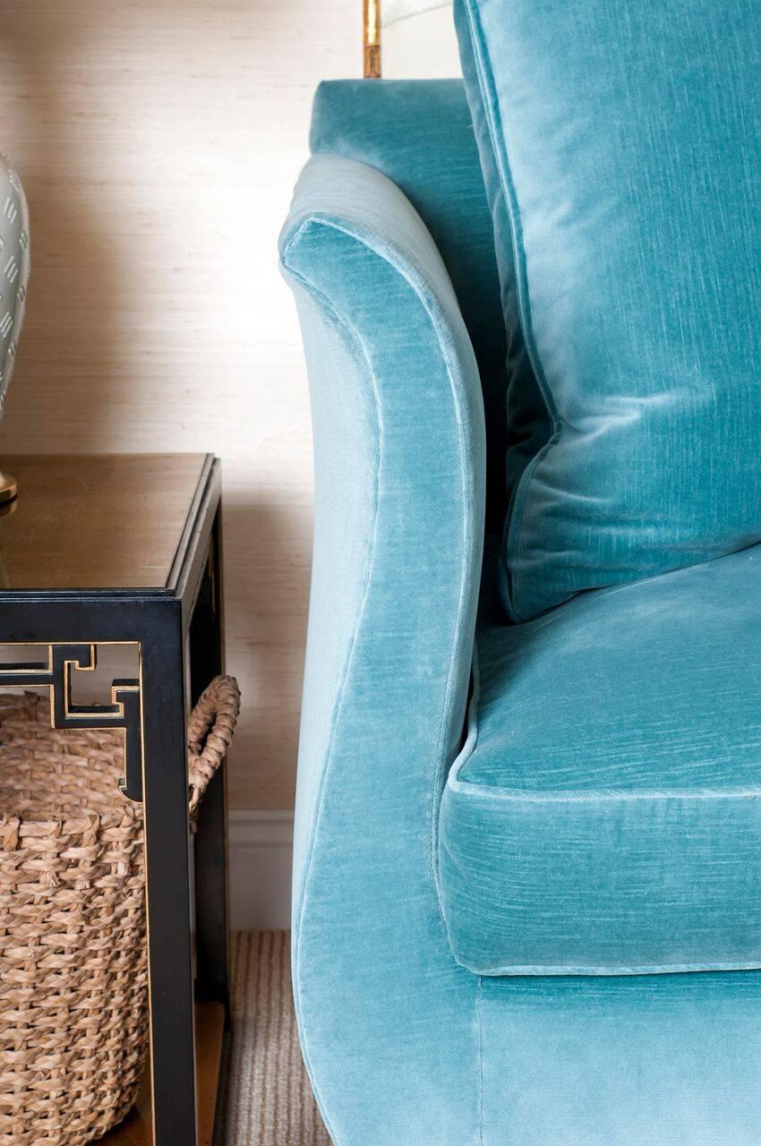 Hickory chair blue velvet sofa with nailhead trim.