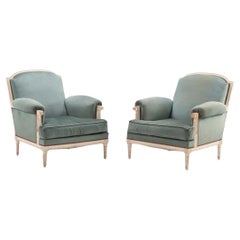 Pair of Louis XVI Style Teal Upholstered Bergeres