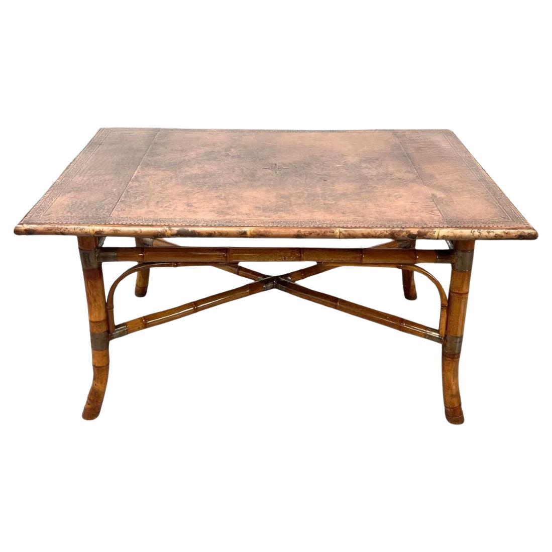 Tooled Leather Rectangular Bamboo Dining Table For Sale