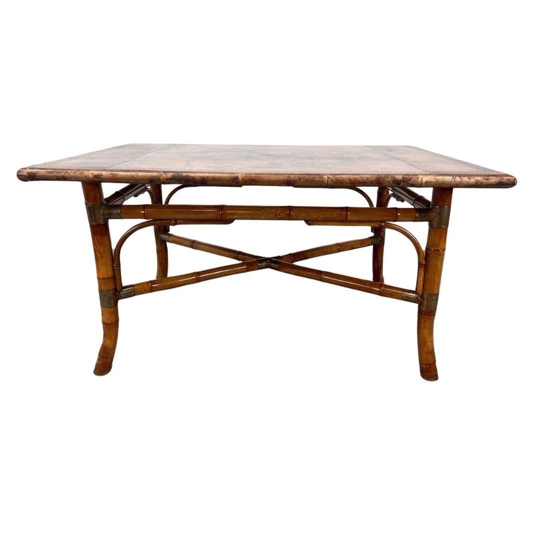 Tooled Leather Rectangular Bamboo Dining Table In Good Condition For Sale In Locust Valley, NY