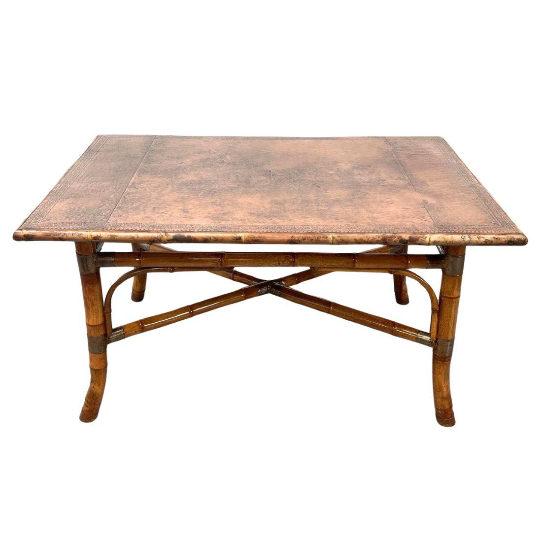 20th Century Tooled Leather Rectangular Bamboo Dining Table For Sale