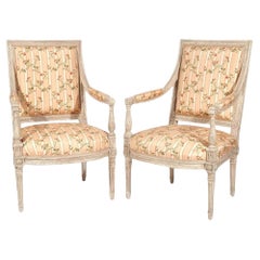 Pair Louis XVI Painted Fauteuils With Silk Rosebud Fabric
