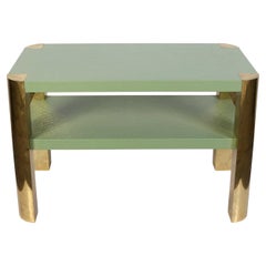 Table à deux niveaux de style Karl Springer, enveloppée de lin peint, avec fixations en laiton