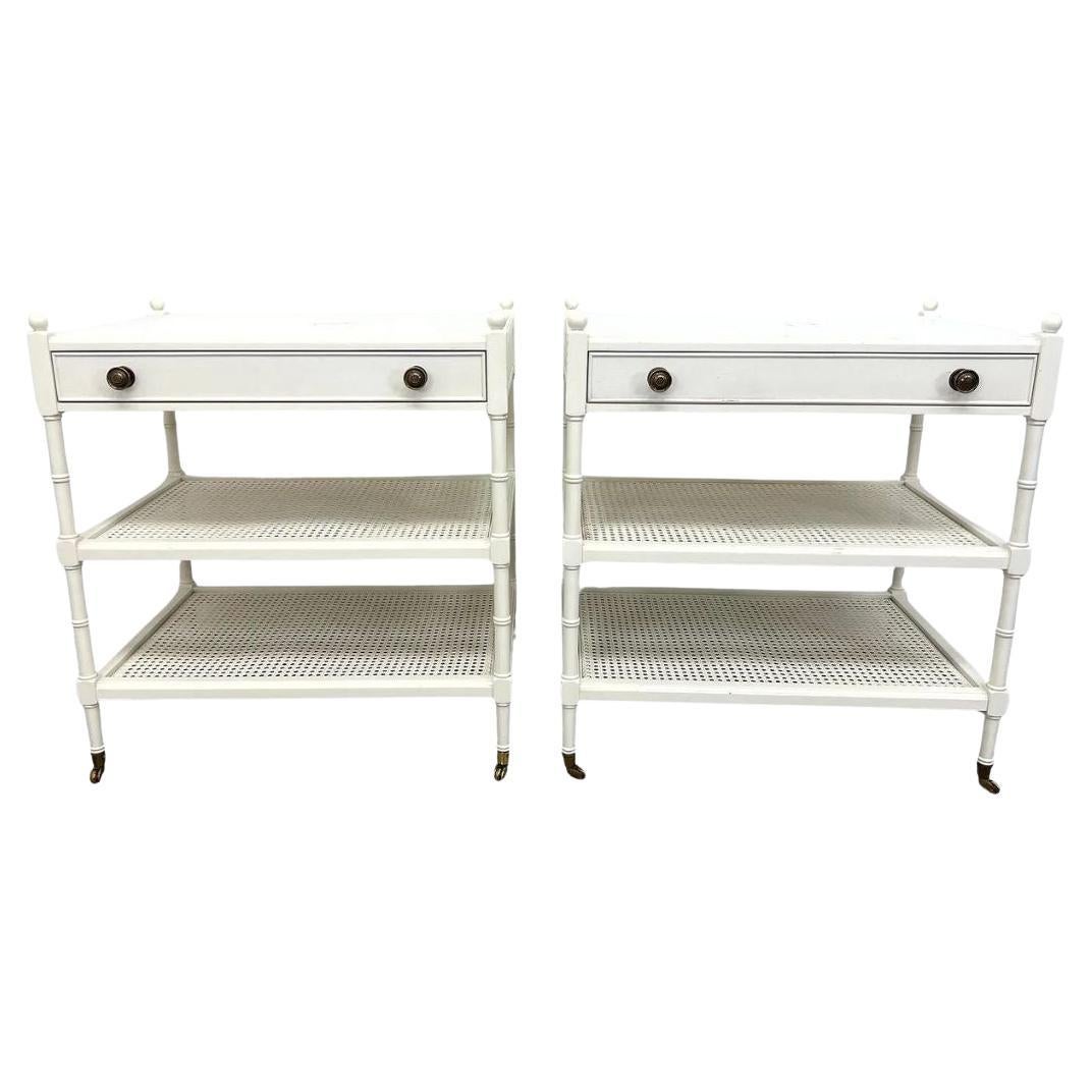 Pair Painted White Caned Three Tier Side Tables or Night Stands For Sale