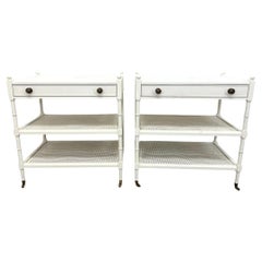 Pair Painted White Caned Three Tier Side Tables or Night Stands