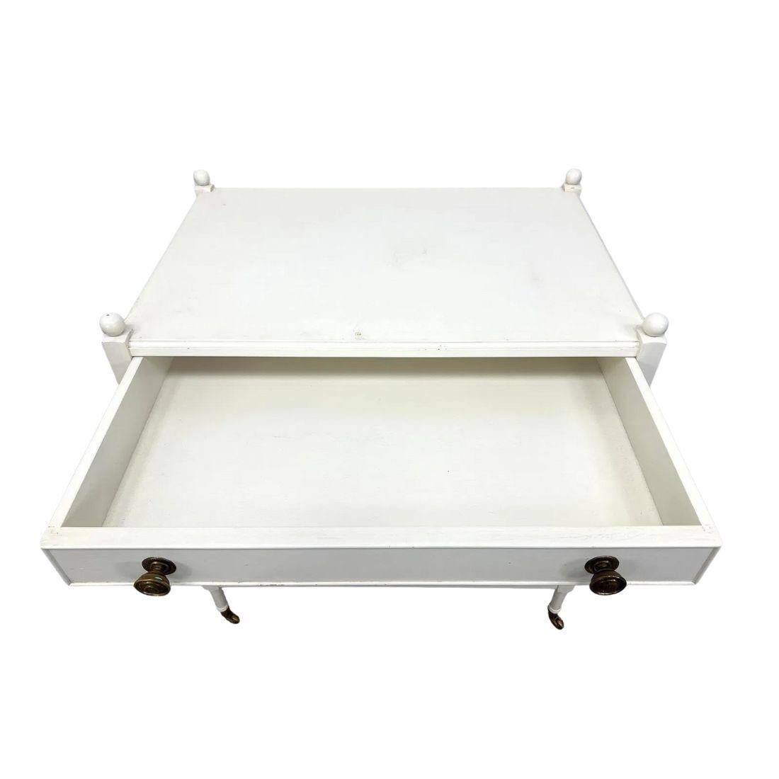 Pair Painted White Caned Three Tier Side Tables or Night Stands In Good Condition For Sale In Locust Valley, NY
