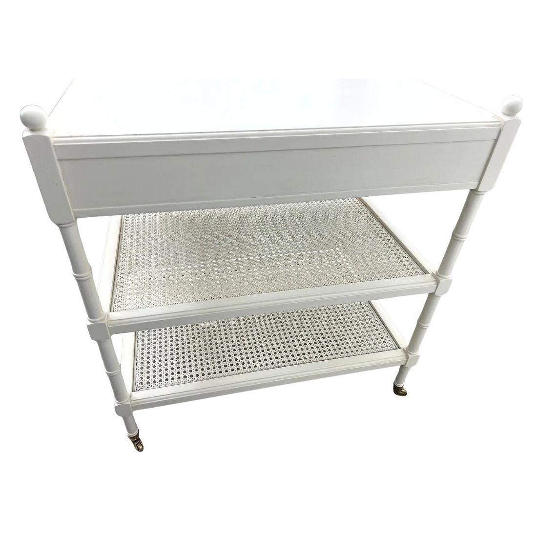 20th Century Pair Painted White Caned Three Tier Side Tables or Night Stands For Sale