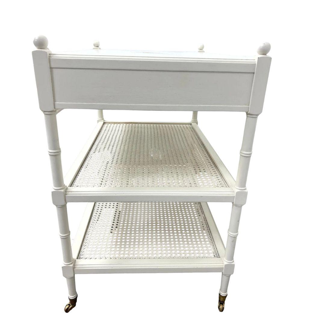 Pair Painted White Caned Three Tier Side Tables or Night Stands For Sale 1