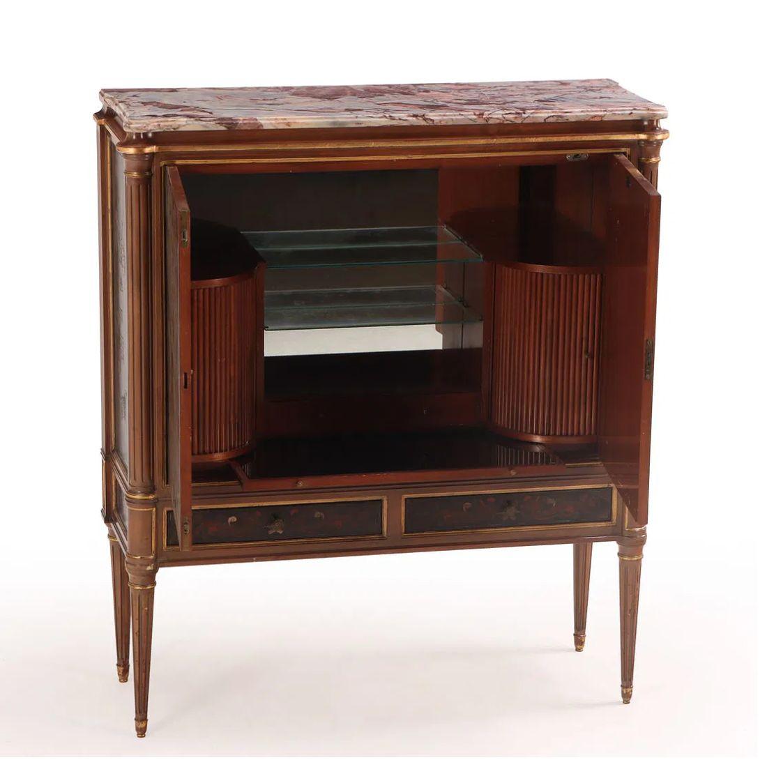 A richly decorated marble-top bar or secretary cabinet, with coromandel chinoiserie motifs, showcasing exceptional craftsmanship and timeless elegance. The cabinet features a luxurious lacquered front and sides, intricately hand-painted with
