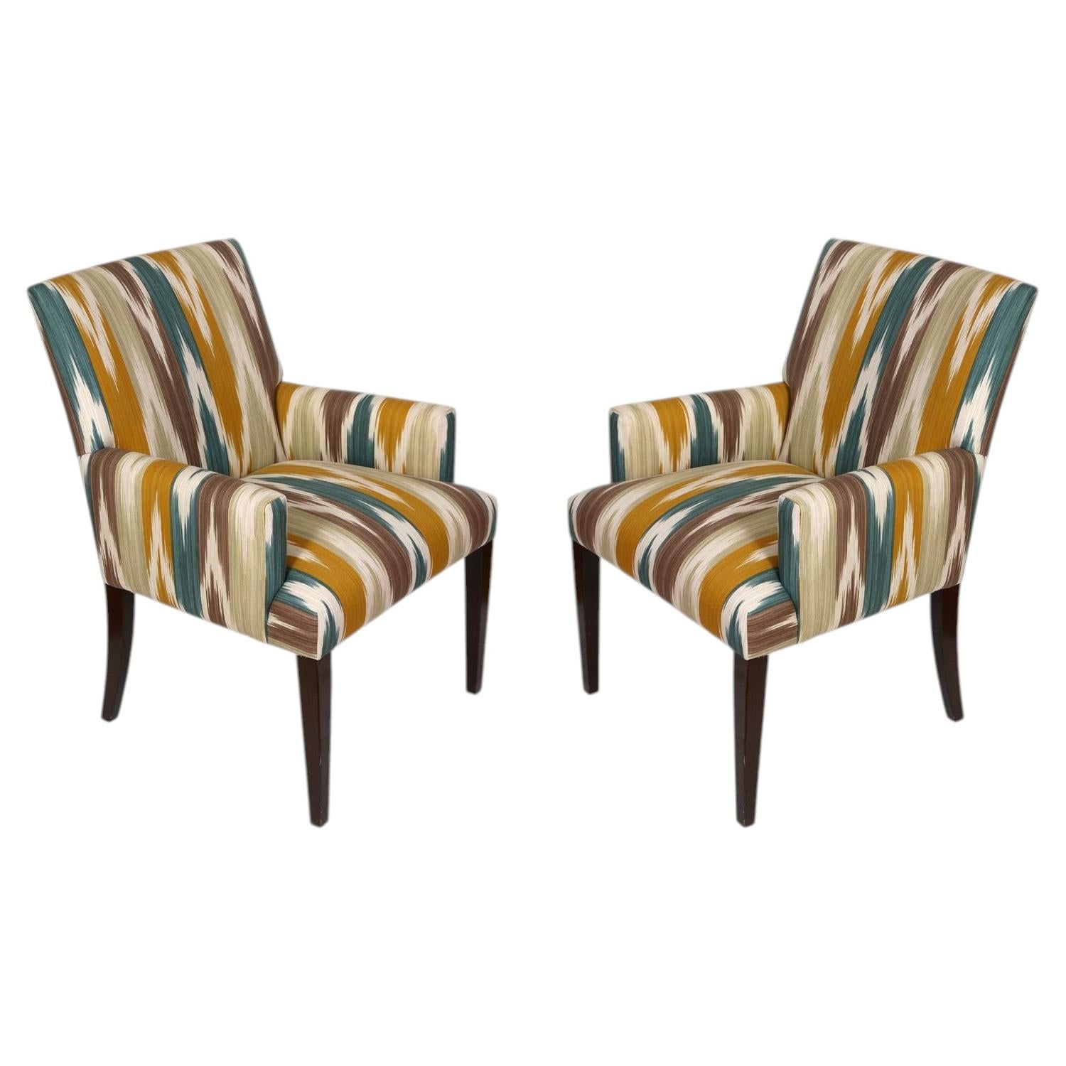 Pair of Modern Ikat Upholstered Arm Chairs, Lee Jofa Fabric For Sale
