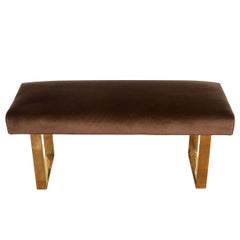 Mid Century Modern Polished Brass Bench With Chocolate Brown Velvet Seat
