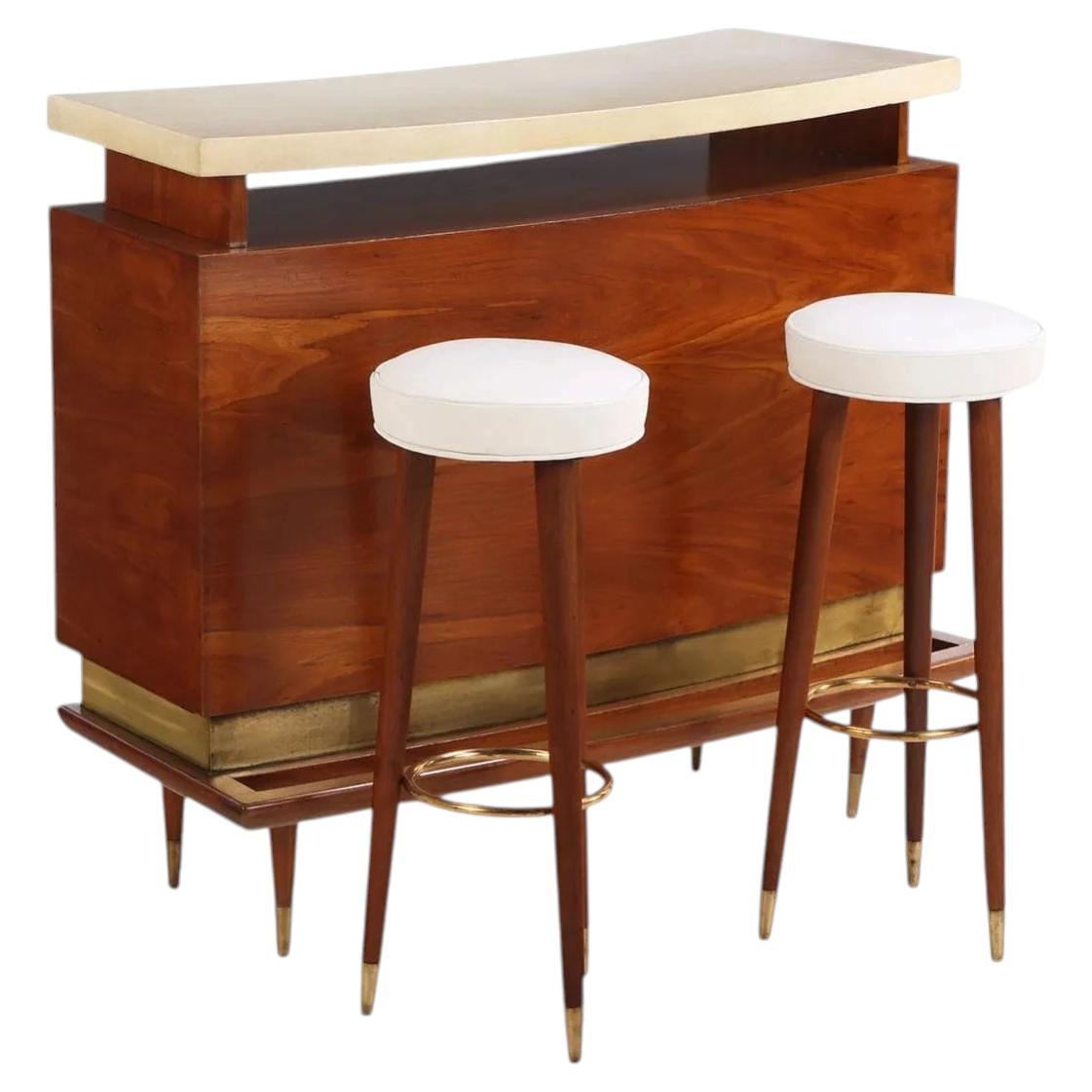 Mid Century Mahogany and Parchment Bar and Stool Set, Brass Details For Sale