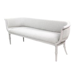 Swedish Gustavian Style Painted and Curved Back Settee With Boucle Fabric