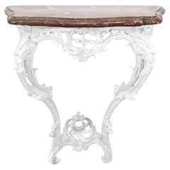 Rococo Marble Top White Carved Wood Wall Mount Console