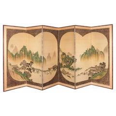 Six Panel Japanese Byobu Style Watercolor and Fabric Screen