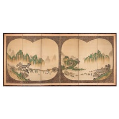 Six Panel Japanese Byobu Style Watercolor and Fabric Screen