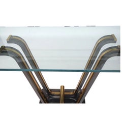 Art Deco Style Two Tone Console Table With Brass Accents and Glass Top