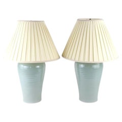 Chinoiserie Style Pair of Pale Blue Crackle Finish Porcelain Lamps