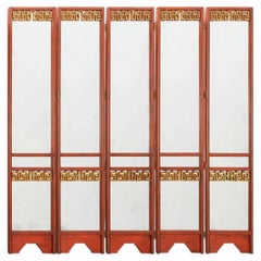 Chinoiserie Five Panel Red Lacquer & Gilt Mirror Screen