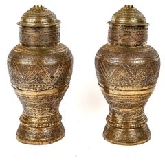 Pair Large Anglo Indian Carved Brass Urn Lamps