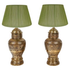 Pair Large Anglo Indian Carved Brass Urn Lamps