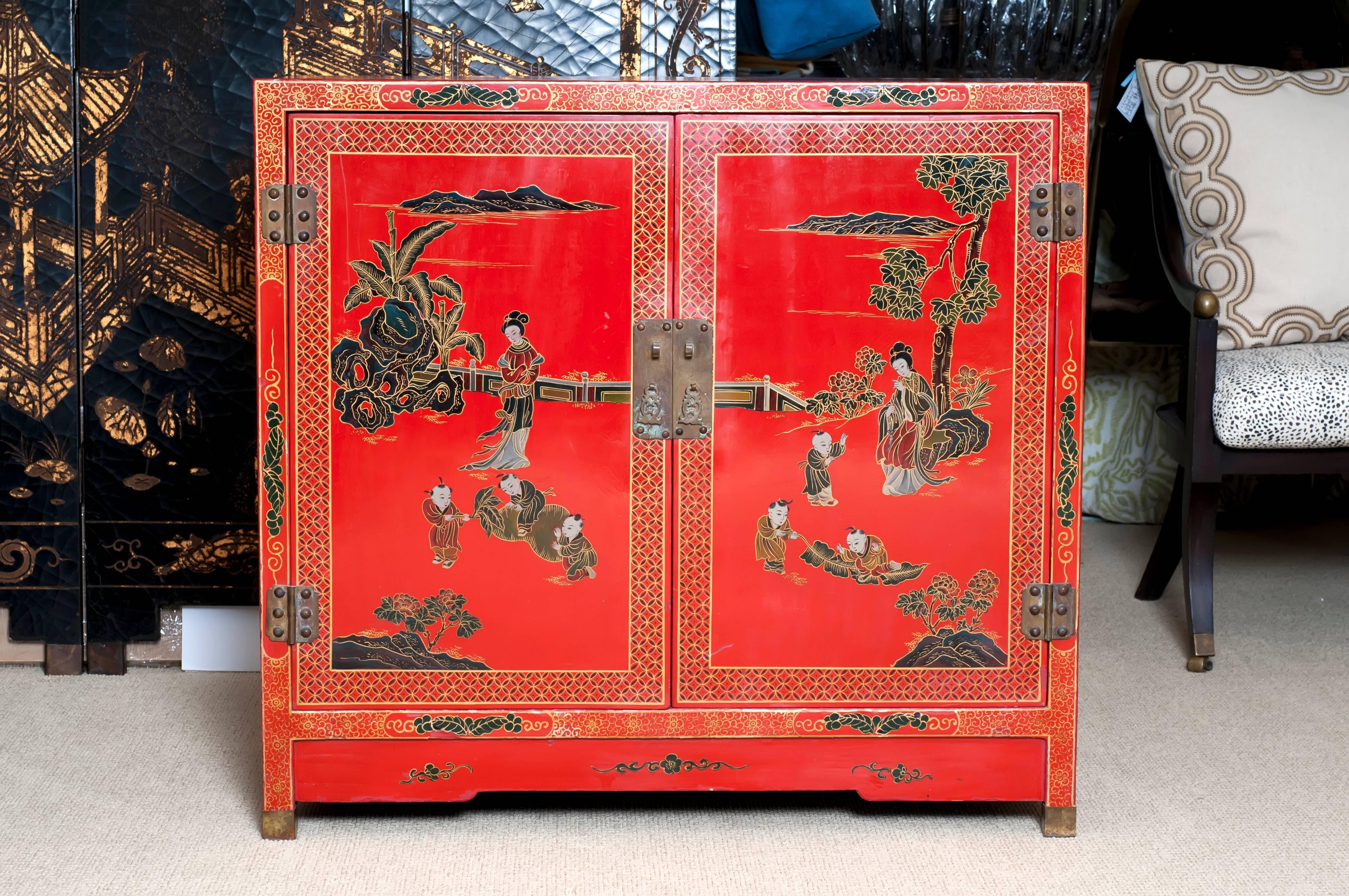20th Century Vintage Asian Red Lacquered Cabinet