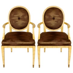 Pair of Faux Bone Inlay Chairs with Brass Feet and Brown Silk Upholstery