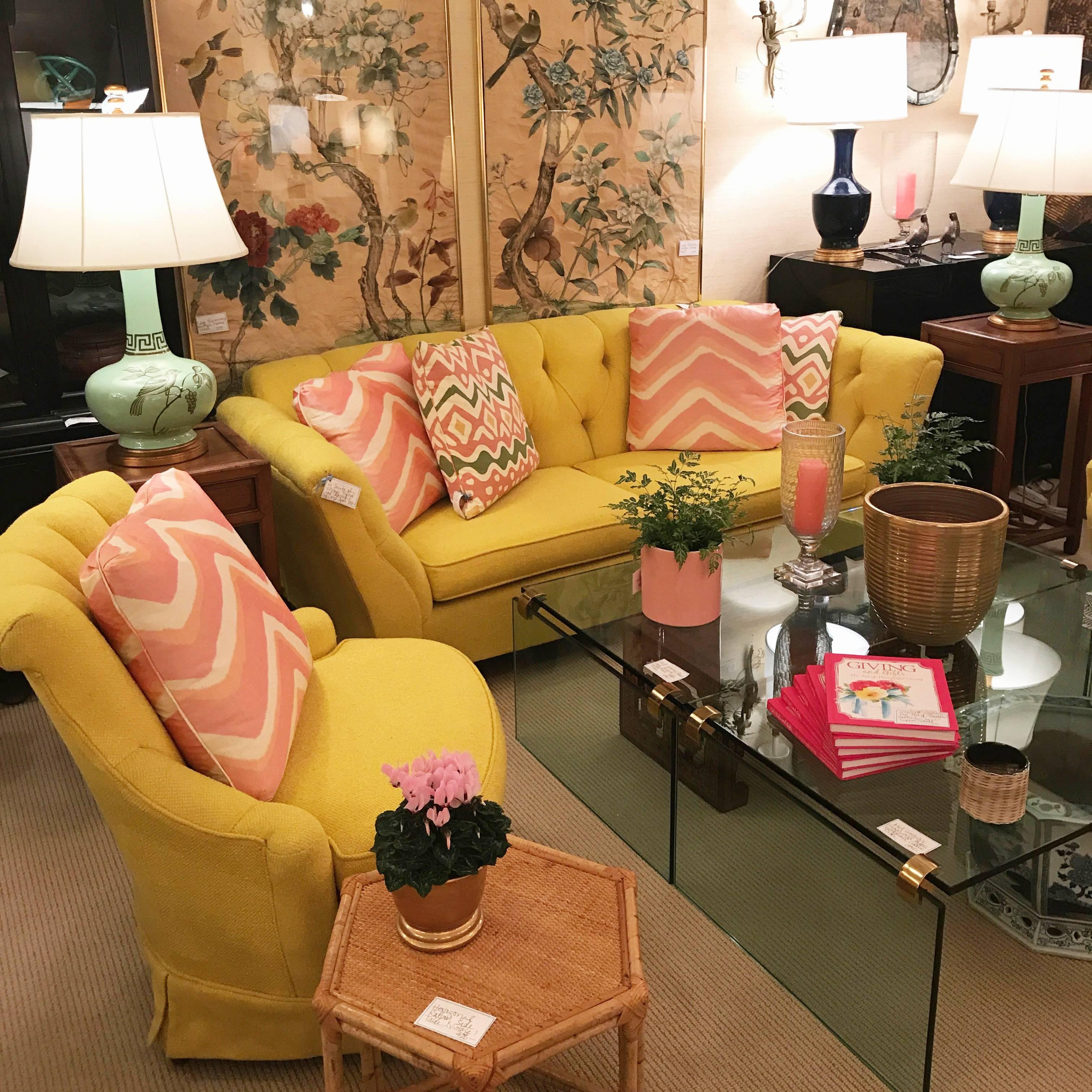 Vintage tufted and channelled sofa upholstered in a vivid yellow. From an estate on Long Island's Gold Coast.