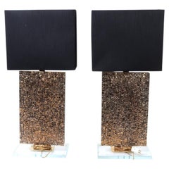 Bronze Sculptural Table Lamps with Brass Frame and Black Fabric Shades