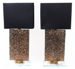 Bronze Sculptural Table Lamps with Brass Frame and Black Fabric Shades
