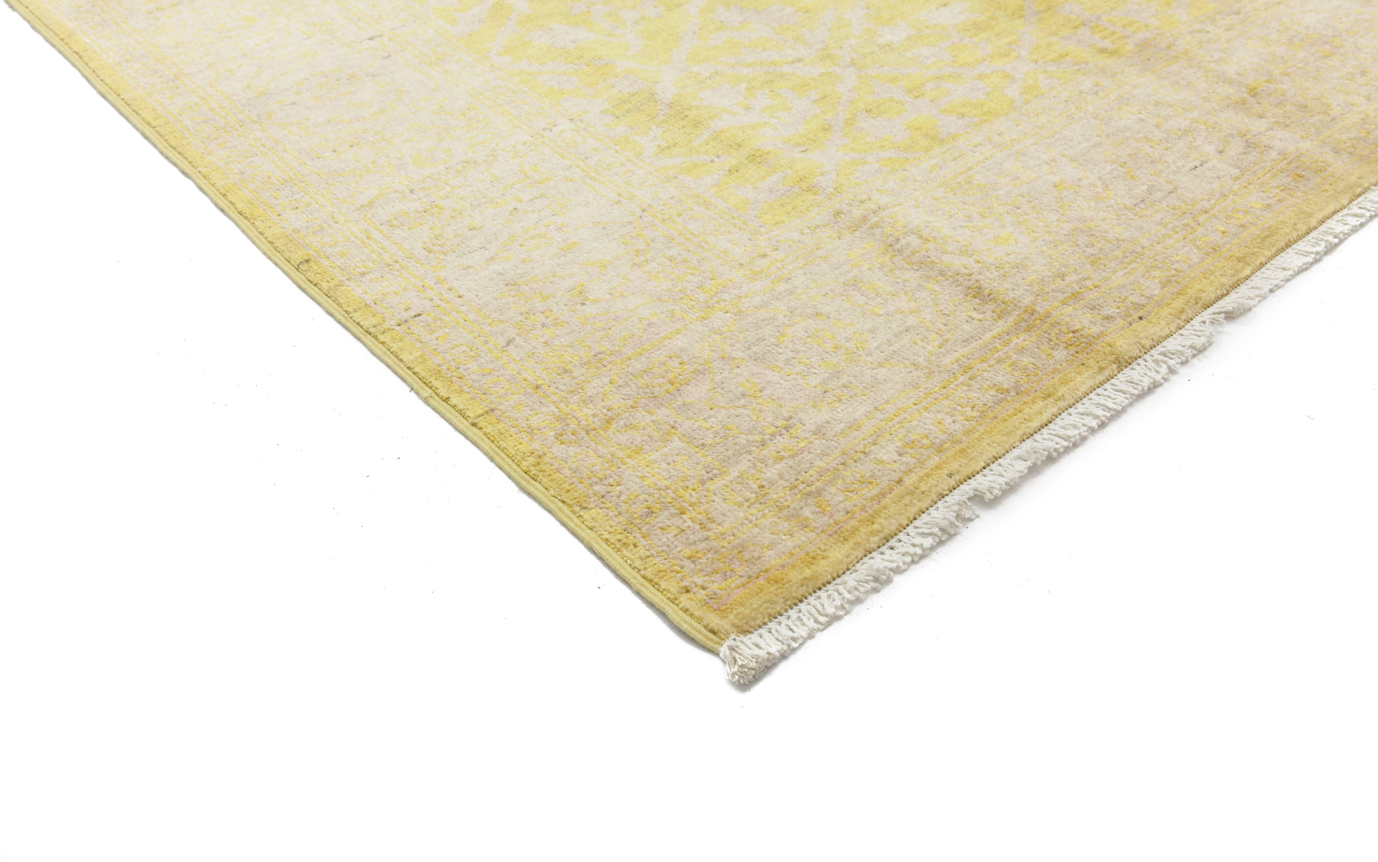 Color: Yellow - Made In: Pakistan. 100% Wool. Originating centuries ago in what is now Turkey, Oushak rugs have long been sought after for their intricate patterns, lush yet subtle colors, and soft luster. These rugs continue that tradition.