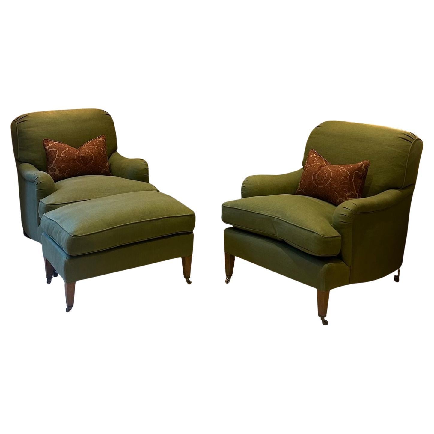Susan Osbourne Pair of Gainsborough Armchair in Green Linen, Howard Style