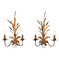 Pair of Italian Hollywood Regency Gilt Wheat Sheaf Wall Sconces by Banci Firenze