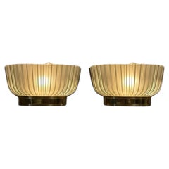 Pair of Mid-Century Modern Ribbed Frosted Glass and Brass Wall Sconces