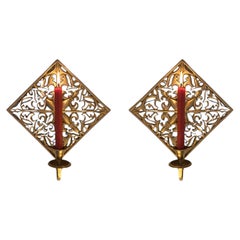 Pair of Spanish Colonial Revival Brass Wall Sconces with Pierced Diamond Plaques