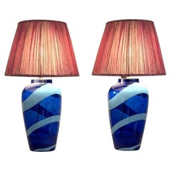 Pair of Murano Style Hand-Blown Cobalt Blue & Lattimo Ribbon Glass Lamps