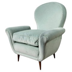 Sillón escultural "Concha" estilo Paolo Buffa en terciopelo aguamarina, Italia, años 50