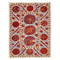 Antique Uzbek Samarkand Suzan, Hand-Embroidered Silk on Hand-Loomed Cotton