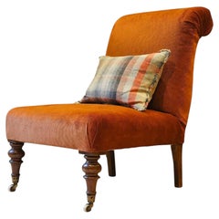 19th Century Victorian Corduroy Slipper Chair with Scrolled Back and Turned Legs