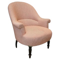 French Napoleon III Crapaud Armchair in Red and White Ticking Stripe, Circa 1860
